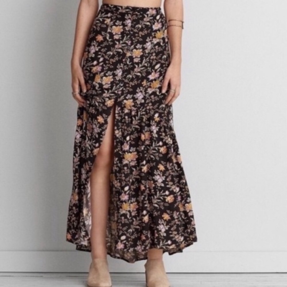 Boho Festival Floral Black Button Up Maxi Skirt